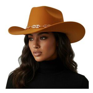 Tan Metal Chain Accent Sculpted Western Cowboy Fedora Hat